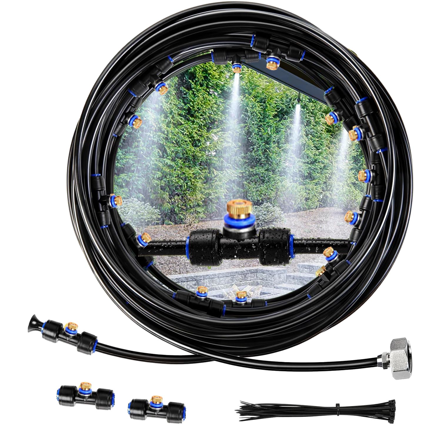 Mist Cooling System 59Ft(18M) Misting Line with 21Brass Mist Nozzles, Outdoor Misters Cooling System for Patio, Garden Umbrellas, Lawn, Greenhouse Trampoline Waterpark