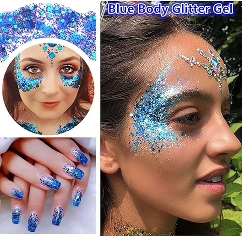 Miniatura 8 de Go Ho Gel de purpurina corporal azul, maquillaje con purpurina para conciertos de cantante, lentejuelas gruesas holográficas de larga duración para
