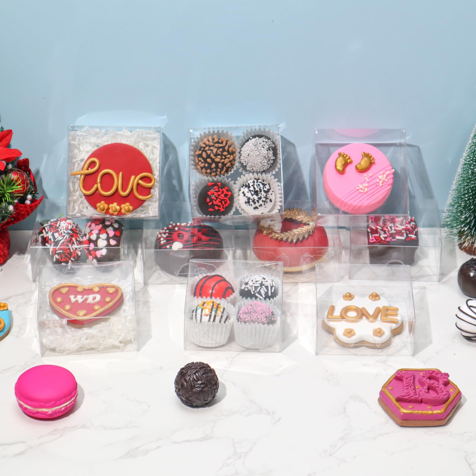 50 cajas transparentes de 3¼ x 3¼ x 1½ pulgadas, cajas de jabón, cajas de trufa de chocolate para 4, cajas de donas, cajas de macarrón, cajas de cerezas cubiertas de chocolate, mini cajas de