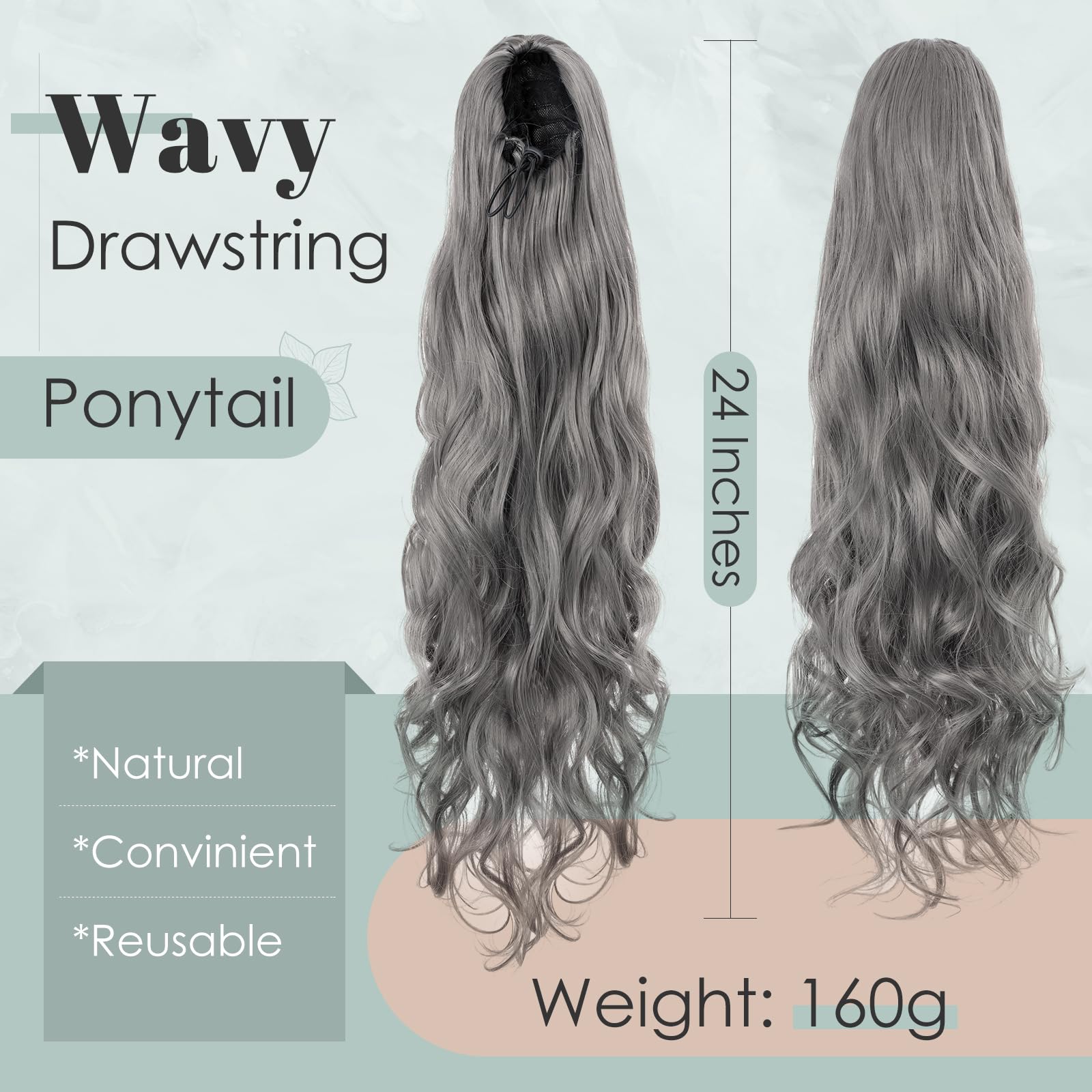 TESS Wavy Ponytail Extension, Drawstring Clip in Ponytail Hair Extensions, Long Hair Extensions, 24 Inches 160g, Grey - Image 2
