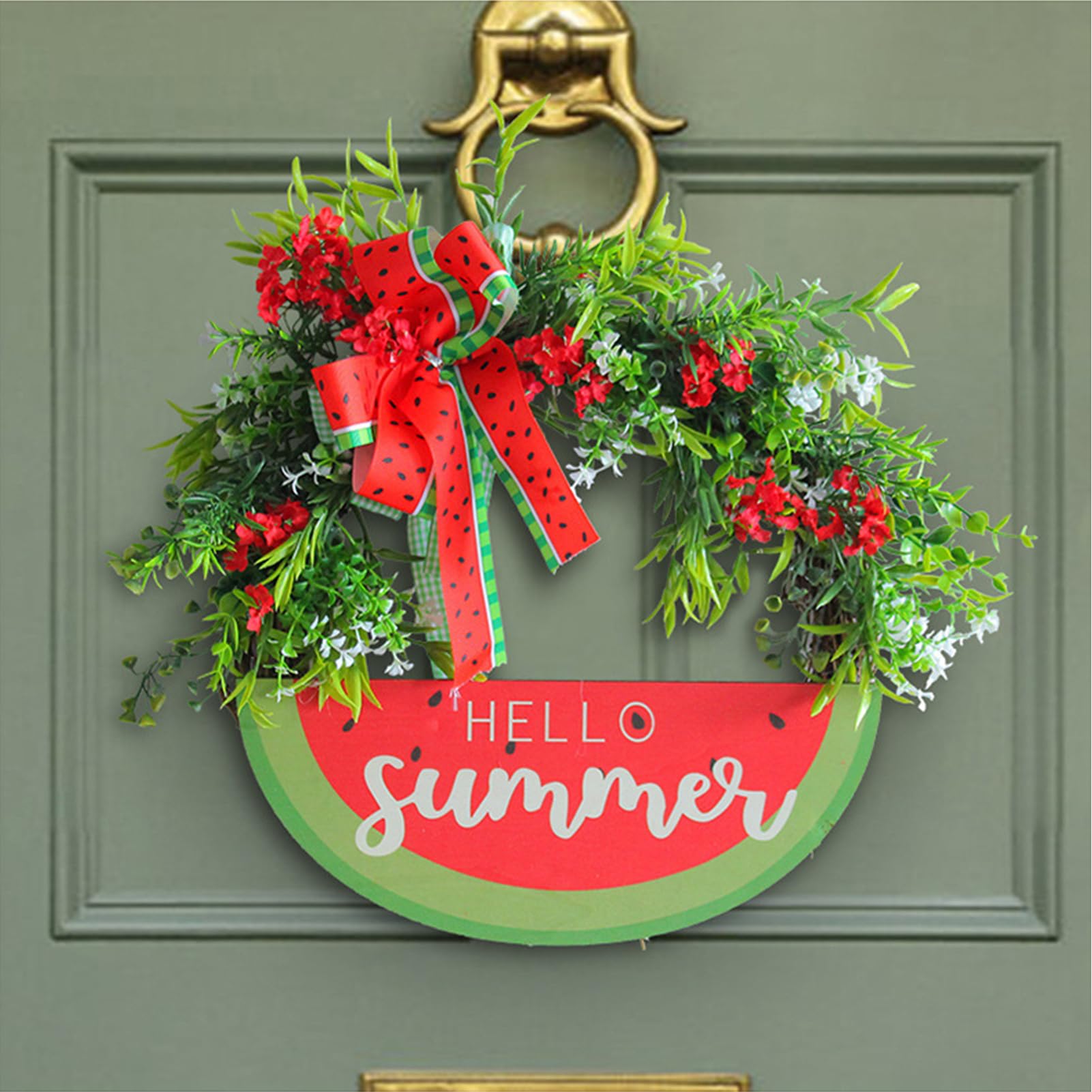 Cartello Hello Summer Anguria da 16 Pollici per Porta D'ingresso Ghirlande Estive di Anguria Ghirlande Primaverili con Fiocco di Anguria per Porta D'ingresso Parete Portico