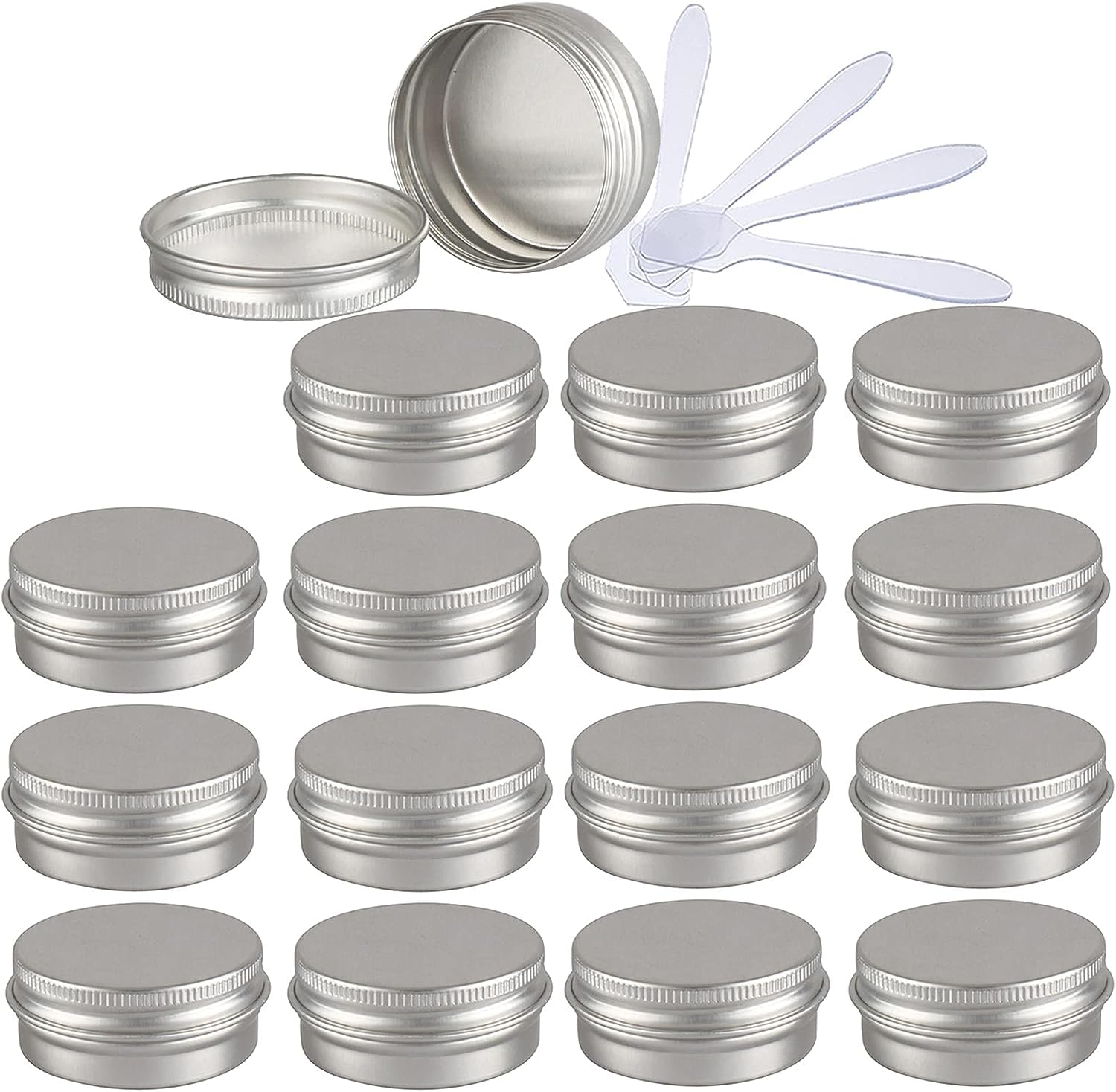 KRXSOBNV Cosmetic Jars, 48 PC Aluminium Tins with Screw Lids Storage Jars Cosmetics Containers Pots with 6 Spatula(Silver,15ml)