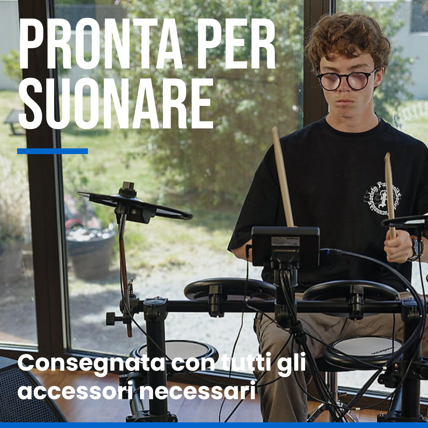 Woodbrass DDX10-MESH Batteria elettronica - Kit completo ideale per principianti bambini e adulti, Pronta all'uso, Accessori inclusi - Pads con pelli mesh realistiche, naturali, silenziose