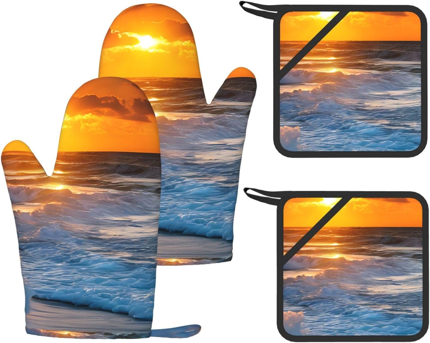 Beach with Sunset 4pcs Oven Mitts and Pot Holders Sets for Kitchen, Silicone Oven Gloves Non-Slip Potholders Hot Pads for Baking Cooking