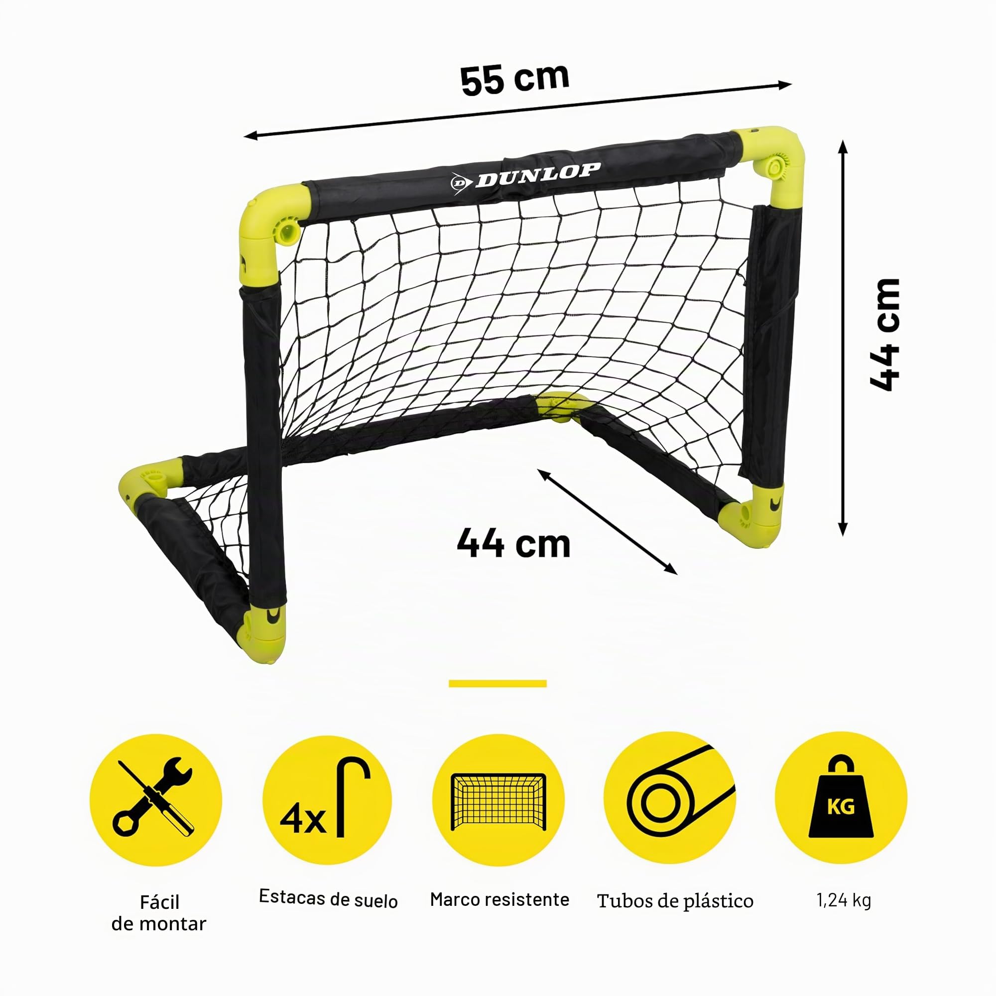 Dunlop Portería de fútbol plegable 50x44x44 cm Juego de 2 Kit de entrenamiento interior exterior Negro/Amarillo