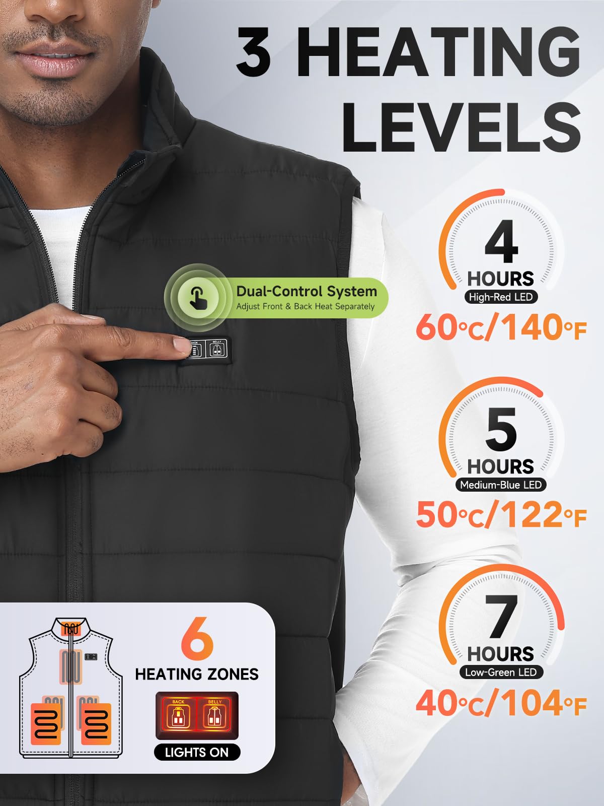 Gilet chauffant, veste chauffante homme femme avec batterie incluse, 7,4V/5V blouson chauffant, manteau Électrique avec 3 Niveau de chauffant | 6 zones chauffante, doudoune homme, Hiver Vêtement