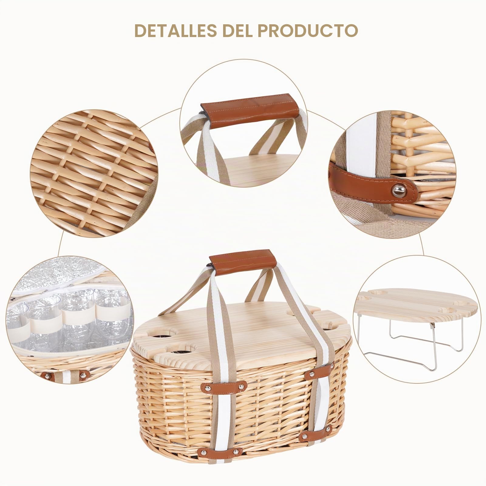 Juego de canasta de picnic para 4 personas, cesta de picnic aislada de mimbre con mesa de vino plegable, kit de picnic de vino con forro para parejas, camping, al aire libre, San Valentín