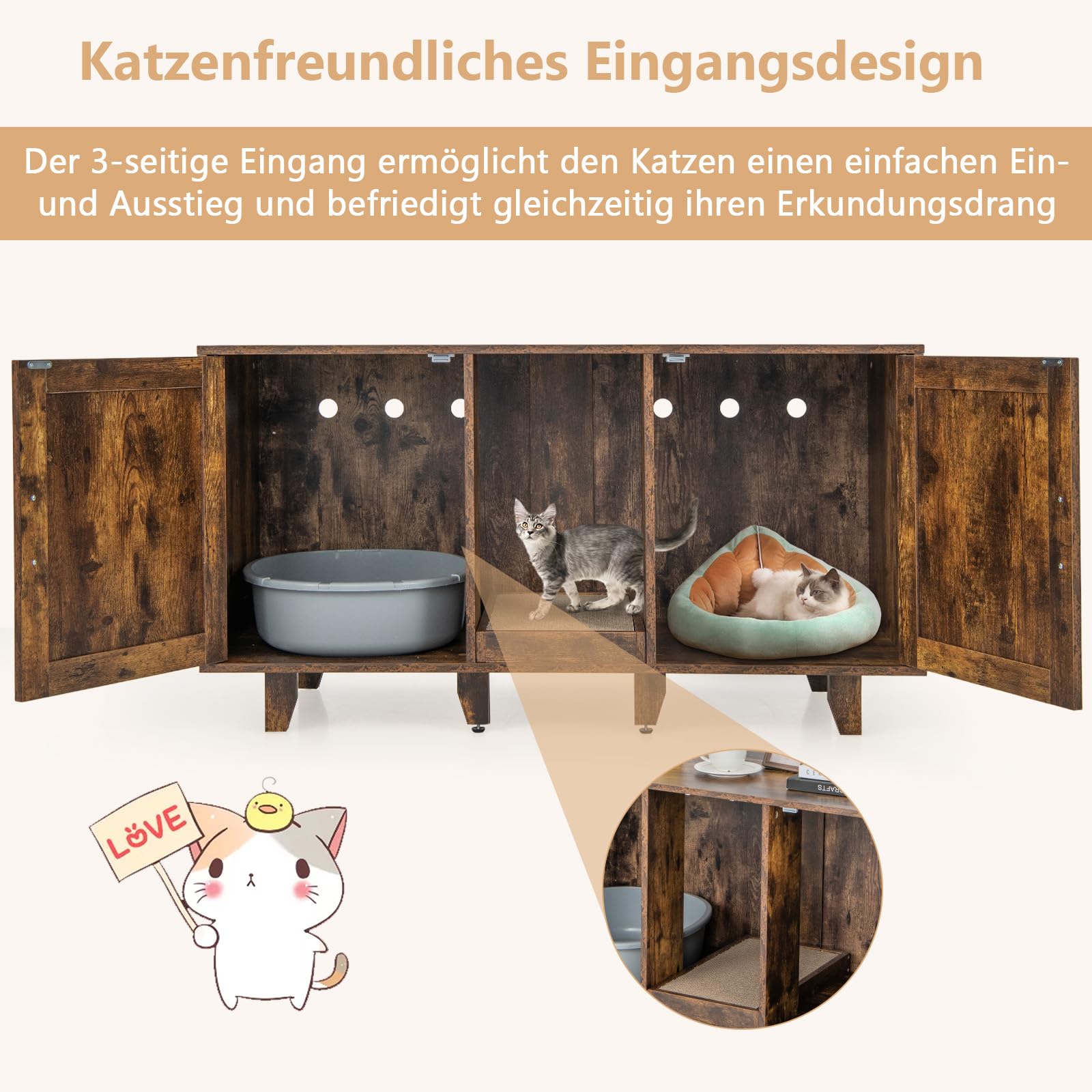 GOPLUS 3 in 1 Katzenschrank, Katzentoilette mit 2 Türen & abnehmbaren Beinen & herausnehmbarem Kratzbrett, Katzenhöhle Beistelltisch TV-Ständer für 2 Katzen, 120x52x65cm (Vintage)
