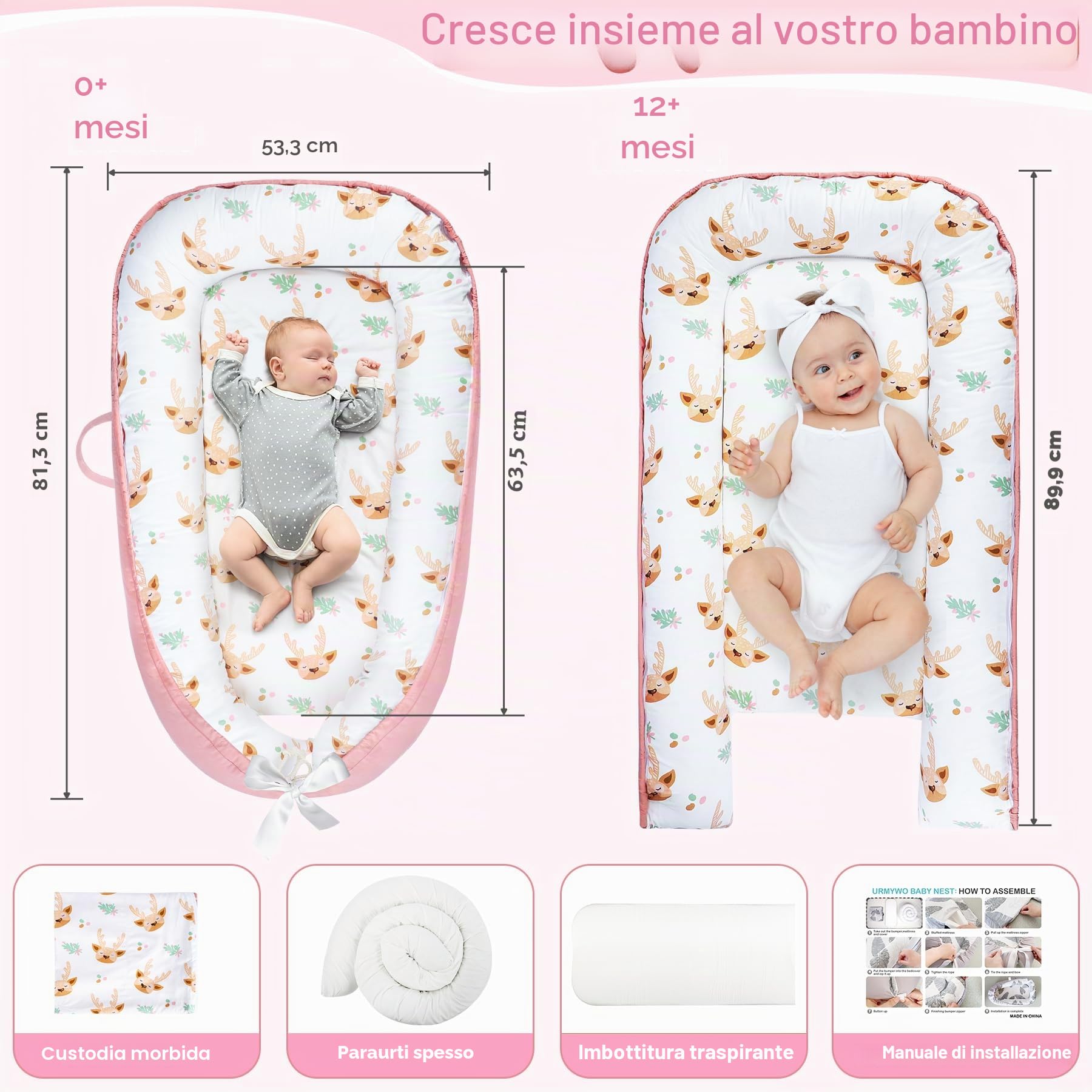URMYWO Riduttore Lettino Neonato 90x55 cm Cuscino Doppia Faccia Riduttore per Culla Neonato in Cotone 100% Puro Fatto a Mano per Massimo Comfort (Rosa)