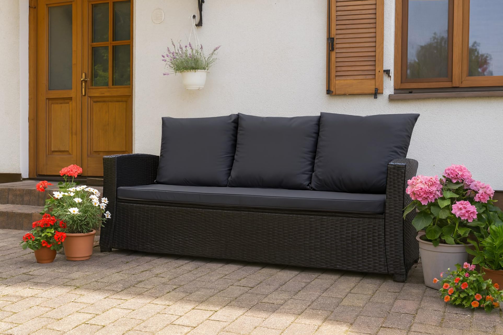 Cuscino per panca - Cuscino per seduta esterna per panca da giardino in polyrattan - Cuscino per panca per sedile in rattan dondolo (Nero, 150 x 50 x 50 cm)