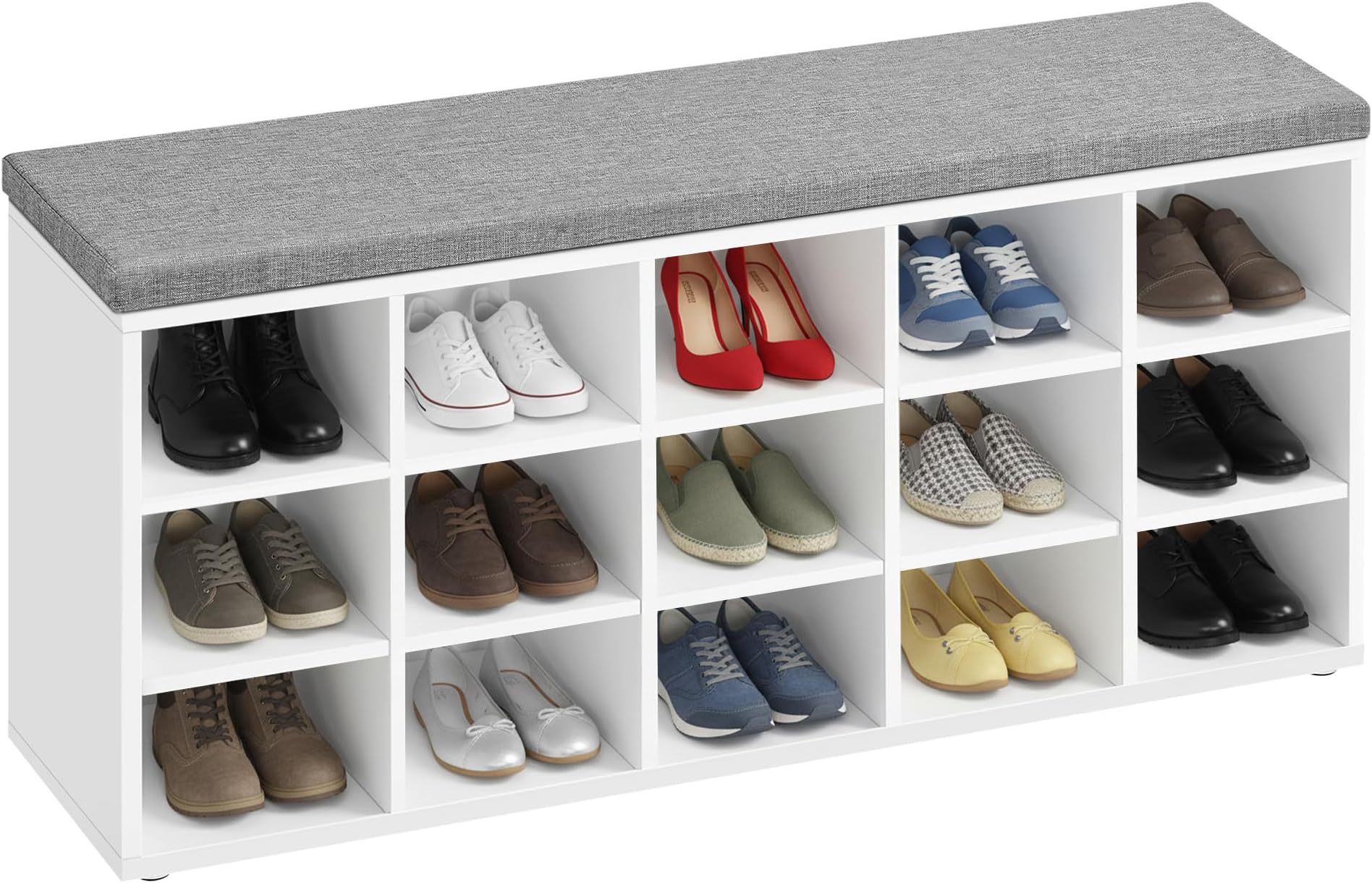 Shoe Bench, Storage Bench with Padded Seat, with Cushion, 15 Compartments, Adjustable Shelves, for Living Room, Hallway, 30 x 105 x 48 cm, Cloud White and Dove Grey LHS15WT