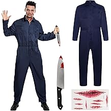 Halloween Killer Costume Men Navy Blue Coveralls Jumpsuit Horror Outfit with Knife for Adult Cosplay