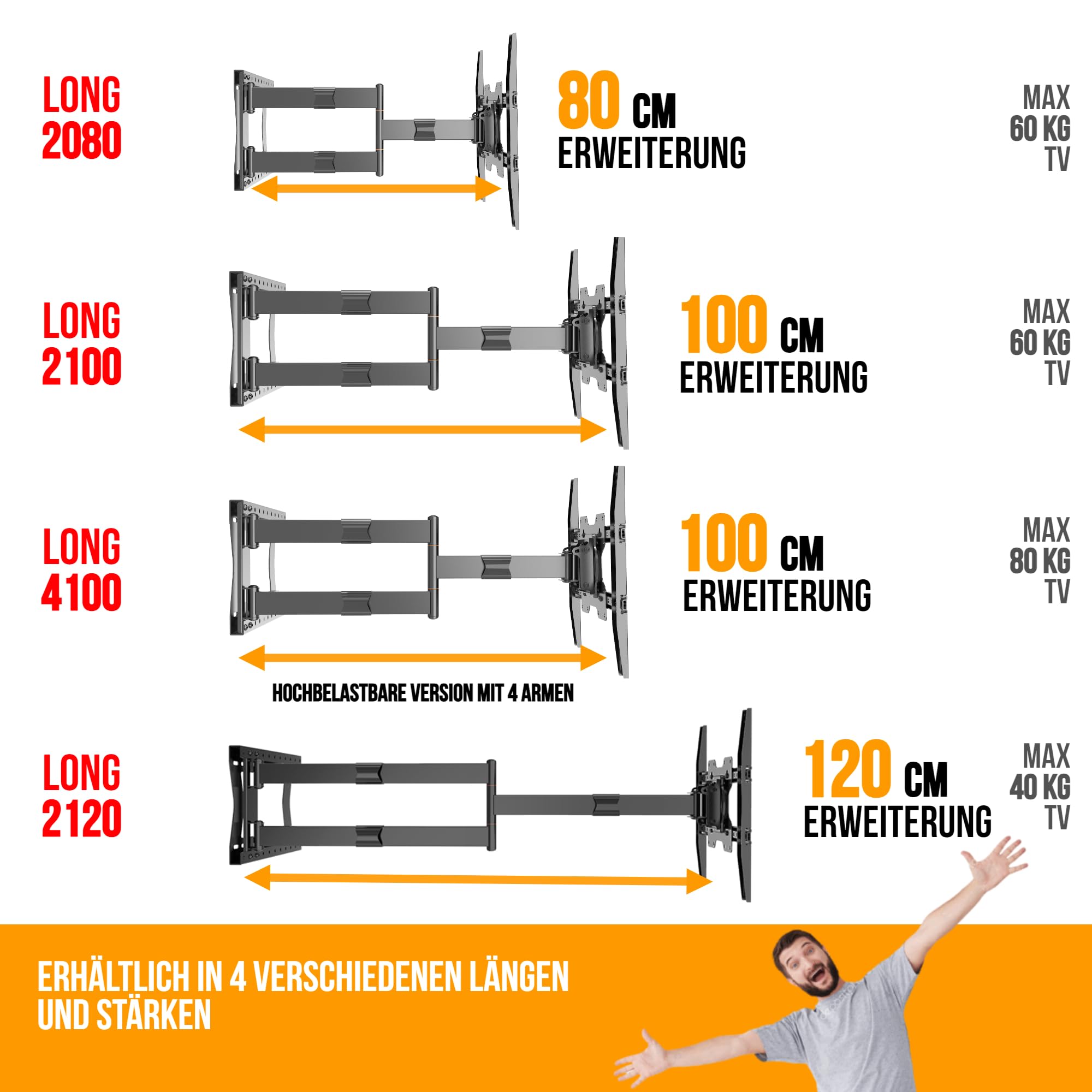 Nanook Long 2080 Langarm TV-Wandhalterung 32-75 Zoll, 80 cm Auszug, 60 kg | Extrem Robuste Konstruktion, Extra-Lange Arme Für Maximalen Schwenkbereich (180°) Und Große Reichweite, Max. VESA 400x400