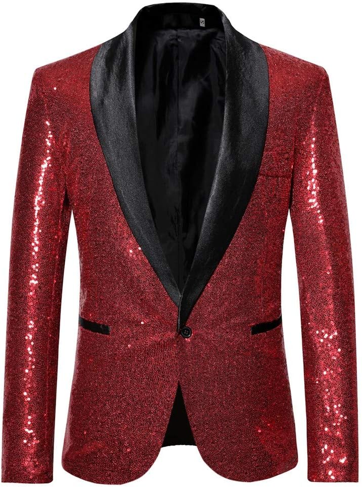 Mens Suit Tuxedo Coat Fashion Sequin Shawl Lapel Blazer Jackets Lightweight Sports Coats Dinner Party Wedding Swallowtail(Wine,X-Large)