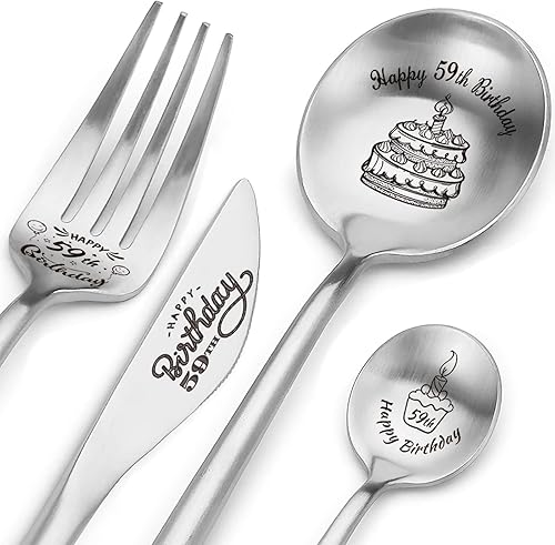 Happy 59th Birthday Spoon&Fork Gifts Engraved Cutlery Set Personalized Birthday Gifts for Son Daughter Sister Brother Friends