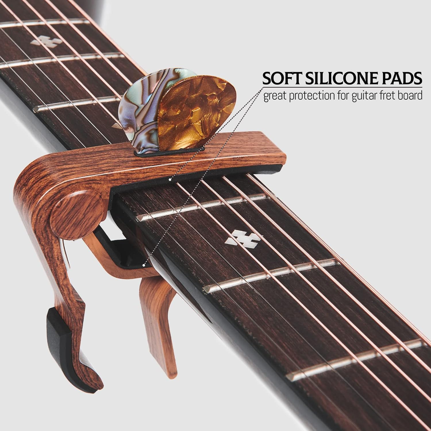 Cejilla de guitarra con soporte para púas para guitarra acústica y eléctrica, ukelele, bajo, banjo, madera rosa