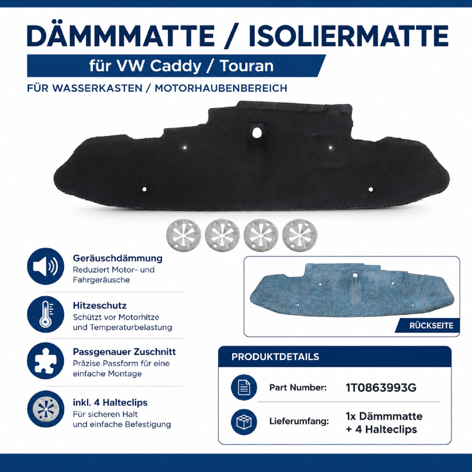 Dämpfungsmatte Wasserkasten Isoliermatte Dämpfung Motorhaubendämmung Dämmmatte Kompatibel mit VW Touran Caddy 2003–2019 1T0863993G Baumwolle — Geräuschdämmung Hitzeschutz