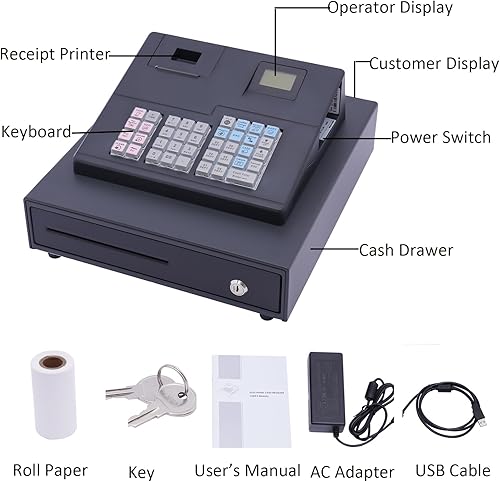 Miniatura 5 de DNYSYSJ Caja registradora, sistema POS con impresora térmica, caja registradora multifuncional, 39 teclas, 8 pantallas LED digitales, caja