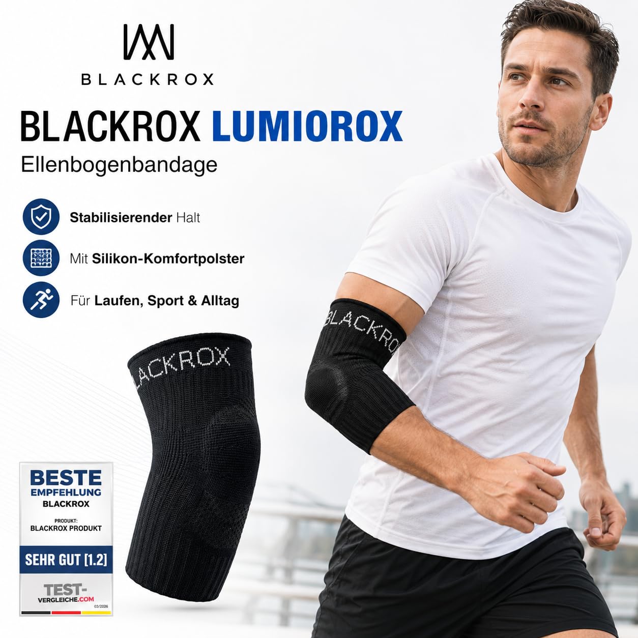 BLACKROX Ellenbogenbandage Lumioro – Tennisarm Bandage für Stabilität & Entlastung beim Sport – atmungsaktive Ellbogen Bandage für Damen & Herren, geeignet beim Training und Alltag – Schwarz Gr. M