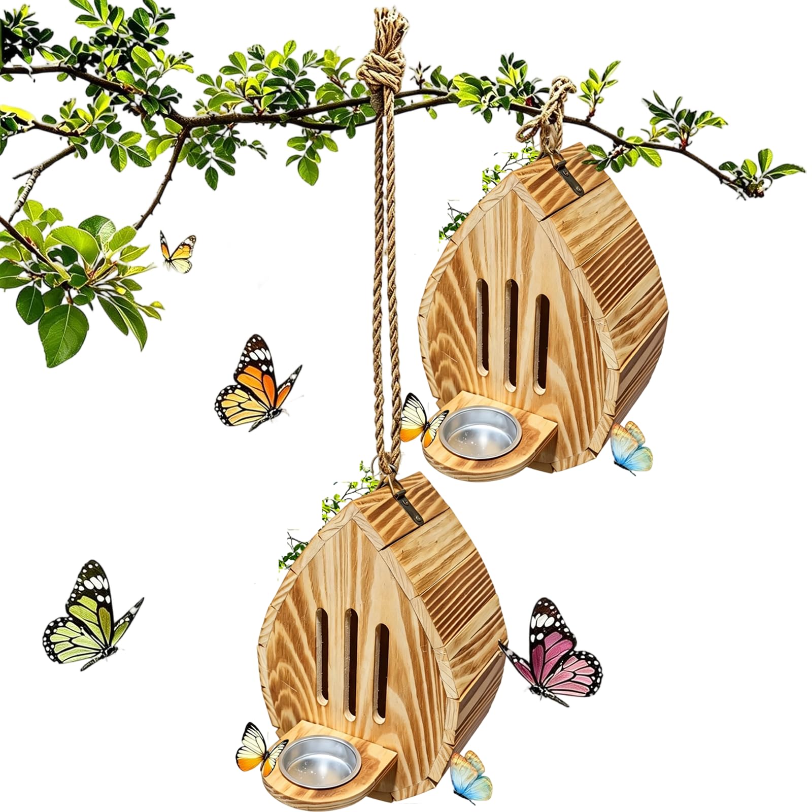 Teardrop Shaped Wooden Butterfly House, Hanging Butterfly Habitat & Feeding Station, Weatherproof Outdoor Butterfly Shelter, Insect Box Bee Hotel Decor for Garden, Yard, Patio, Backyard Lawn (2PC)
