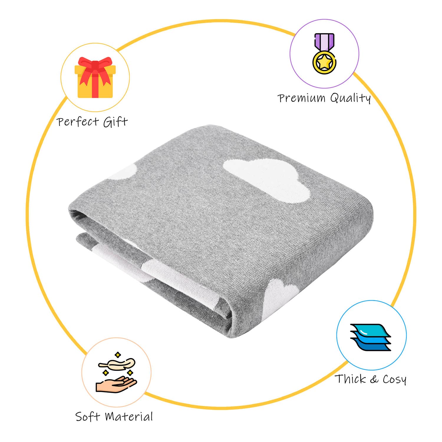 Nevni Cloud Print Knitted Soft Cotton Reversible Baby Blankets for Newborn Boy Girls Grey, 80 cm x 100 cm - Image 2