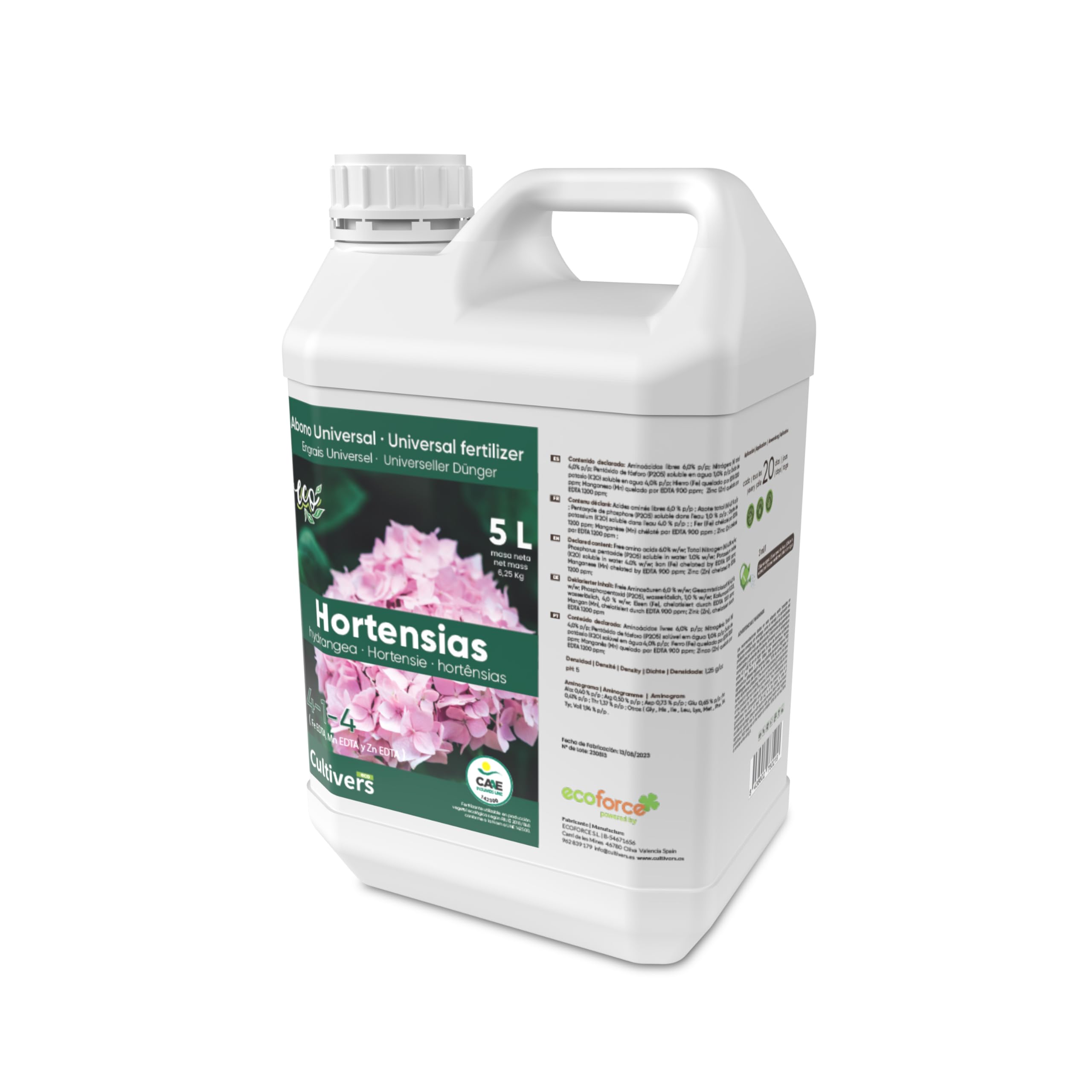 CULTIVERS Fertilizante Hortensias 5 L Ecológico Líquido. Mayor Floración y Intensifica el Color. Plantas sanas y Fuertes. Abono 100% Natural.