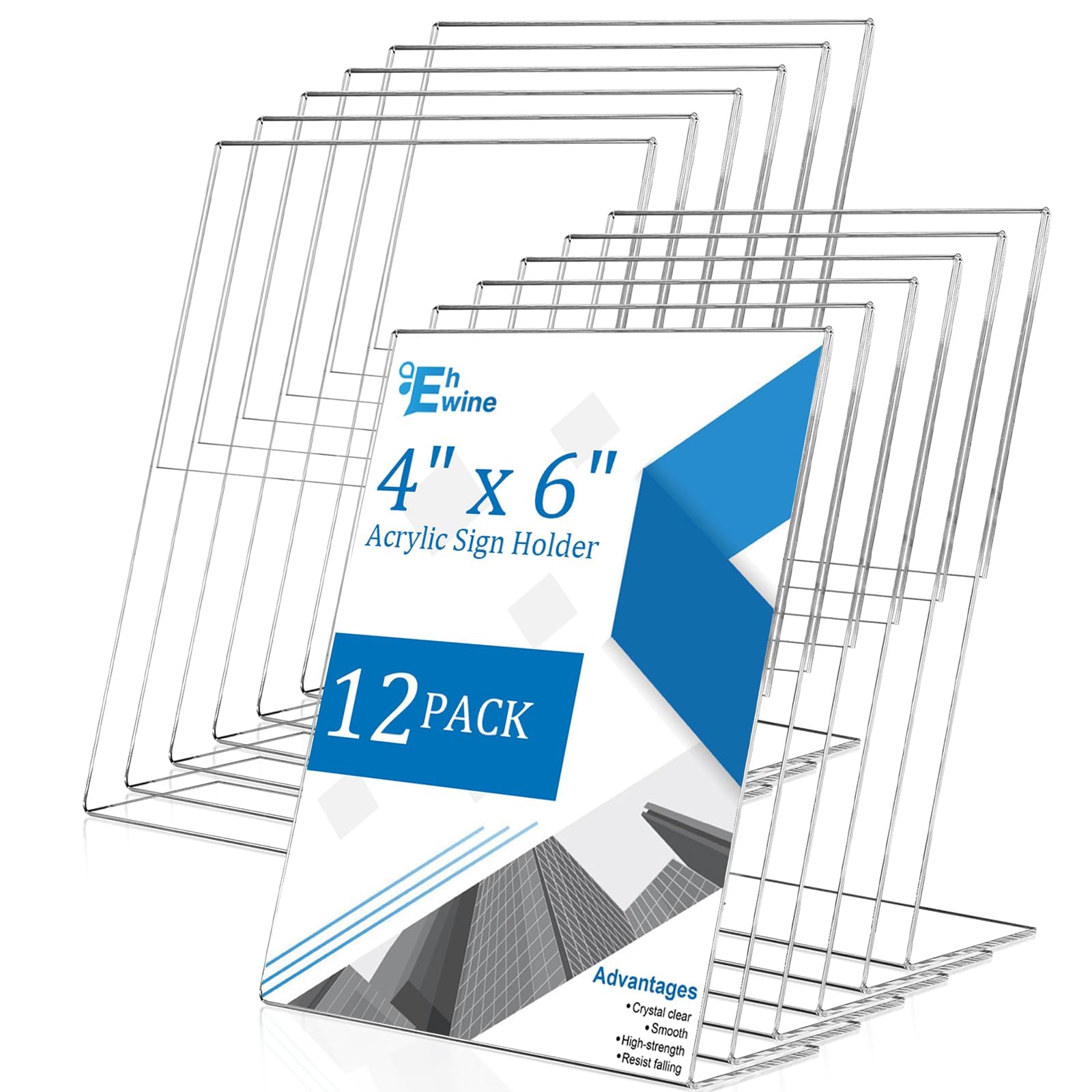 EHWINE 12 Pack 4 x 6 Acrylic Sign Holder, Clear Plastic Signs Display Stand, Vertical Slanted Back Paper Holder Stand up Table Top Sign Holders Flyer