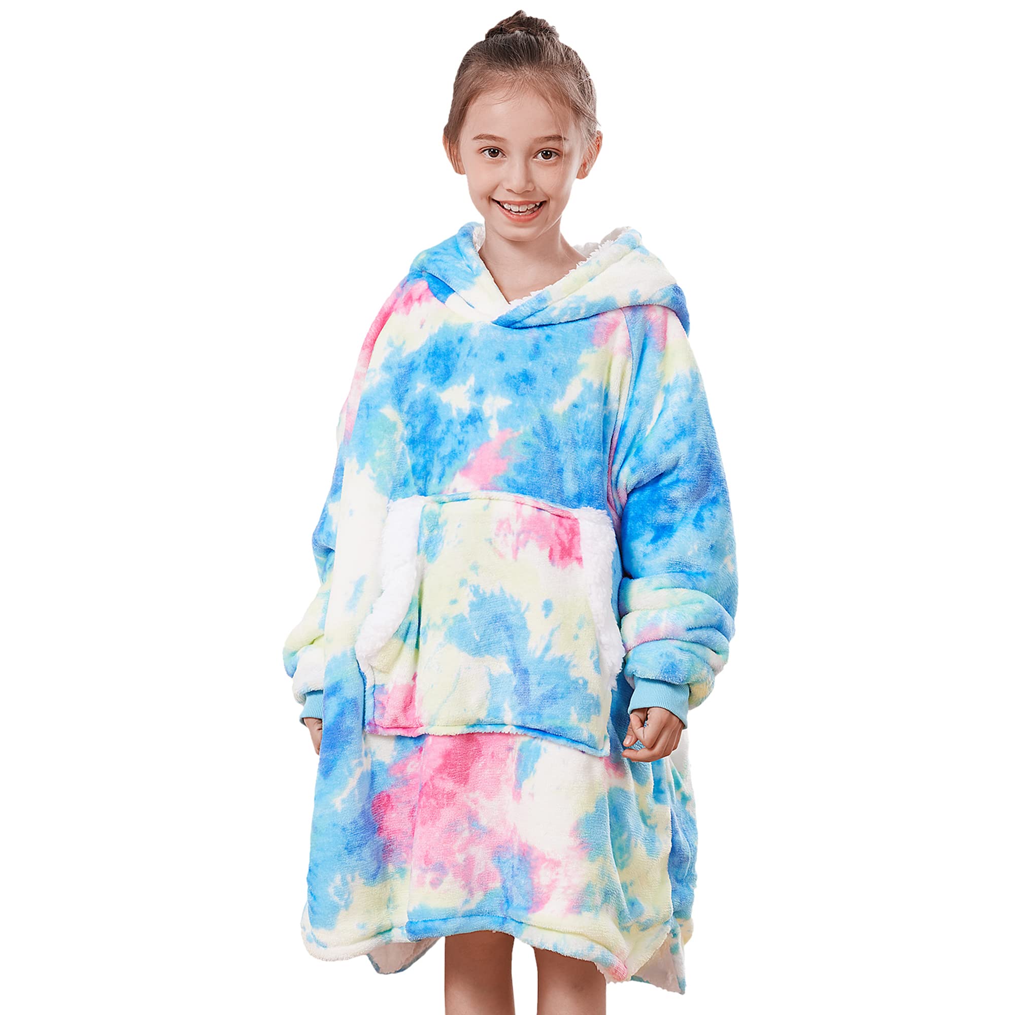 Pawque Blanket Hoodie for Kids, Oversized Wearable Blanket Sweatshirt with Super Warm Microfiber and Sherpa, Soft Fluffy Blanket Hoodie with Giant Pocket, One Size Fits Most Youth, Tie-dye Hydrangea