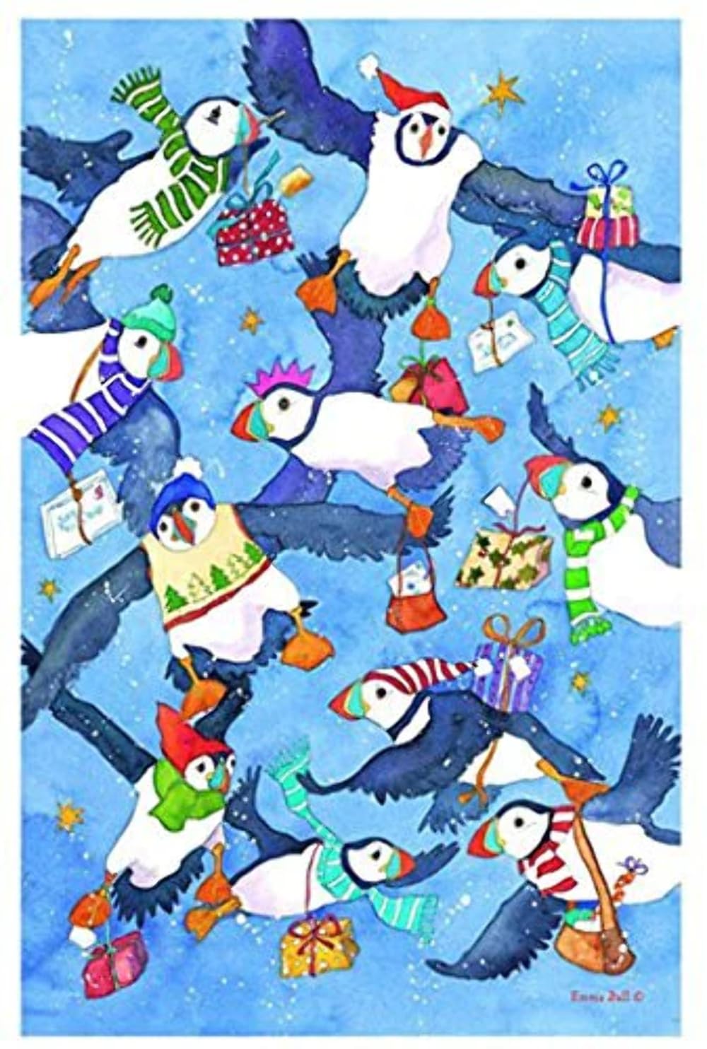Emma Ball Multicolour Christmas Puffin Tea Towel