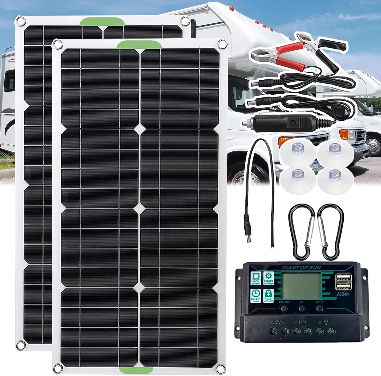 Panel solar monocristalino portátil de 250w 500w con controlador 10a/20a/30a, USB dual, se puede utilizar para carga de batería de 12v/24v, resistente al agua y al polvo, 500w, 10Acontroller