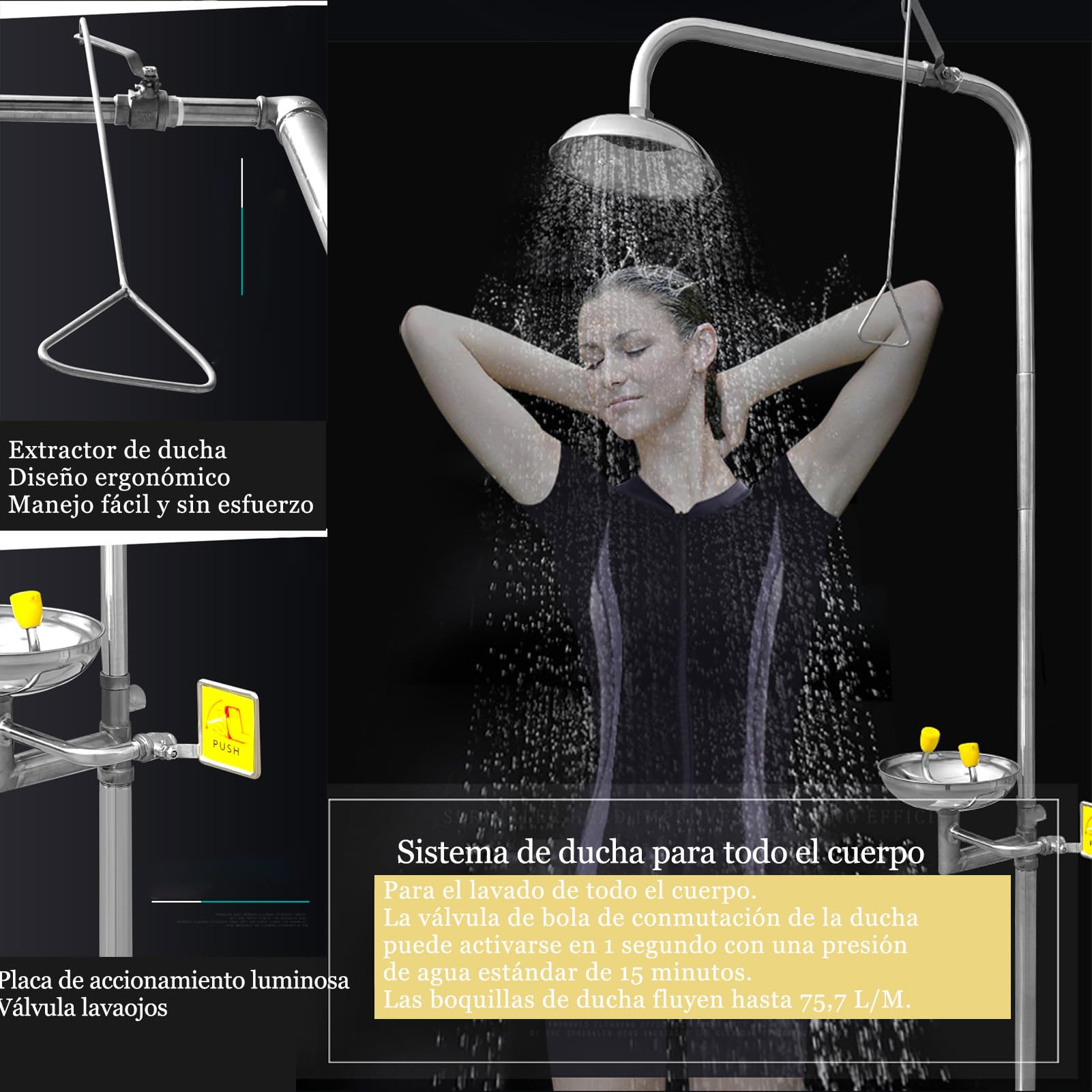 Estación de Lavado de Ojos y Ducha de Emergencia 2 en 1 | Acero Inoxidable 304 | para Fábrica, Laboratorio, Industria Química | Primeros Auxilios Plata
