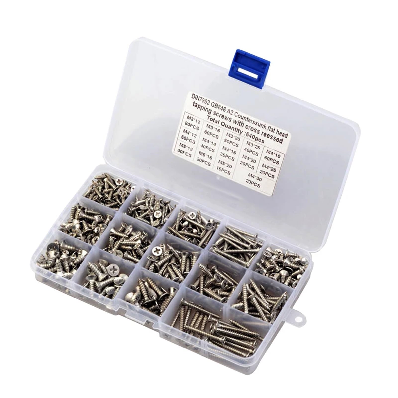 540-teiliges M3 M4 M5 Blechschrauben-Set mit Flachkopf KA GB846 Kreuzschlitz-Senkkopf-Holzschrauben-Sortiment aus Edelstahl