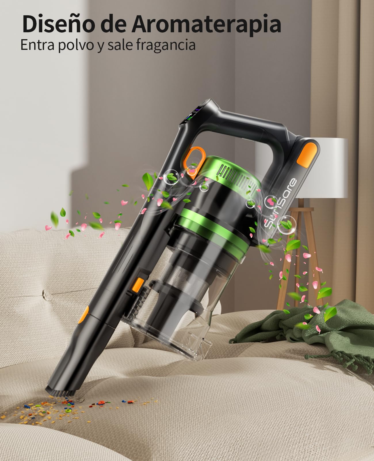 SunSare Aspiradora sin Cable 600W/50KPA/65Min (Eco), 1.8L Aspirador Sin Cable con Manguera de 1M, Aromaterapia, Luz LED Verde, Pantalla LED Inteligente, para Pelo de Mascotas, Alfombras, Pisos, Coche