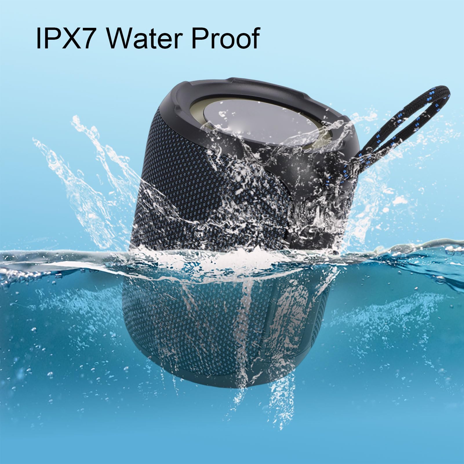 Cassa acustica con grado di protezione IPX7, subwoofer attivo da 5200 mAh, realizzata in ABS siliconico, dimensioni 130 x 130 x 105 mm.