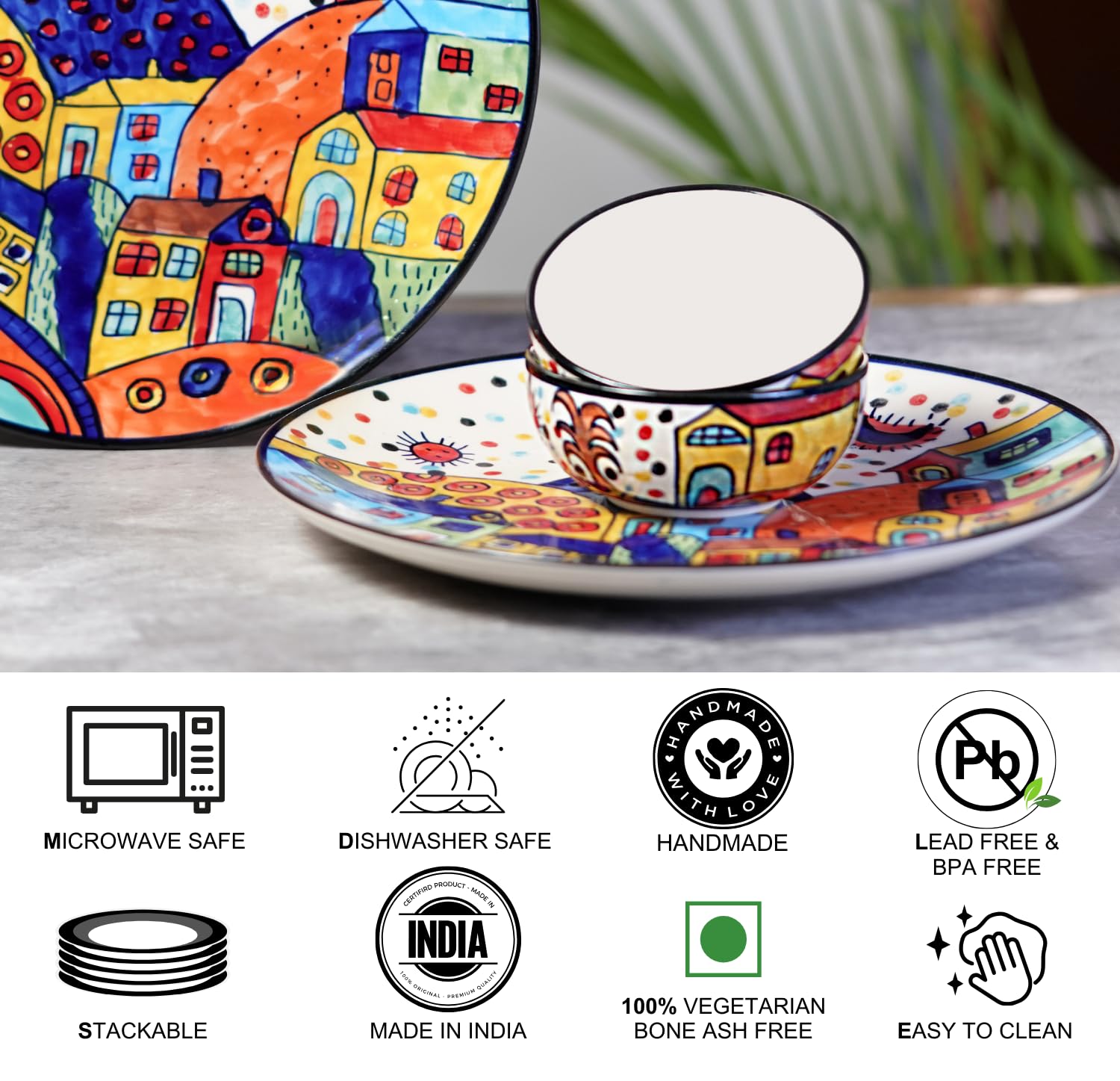 Freakway Hut Family Hand-Painted Glossy Dinner Set Ceramic Stoneware Dinner Set of 8 Pieces | 4 Dinner Plate 10.3 Inch & 4 Serving Bowls 180 Ml | Dishwasher & Microwave Safe - Multicolor 4