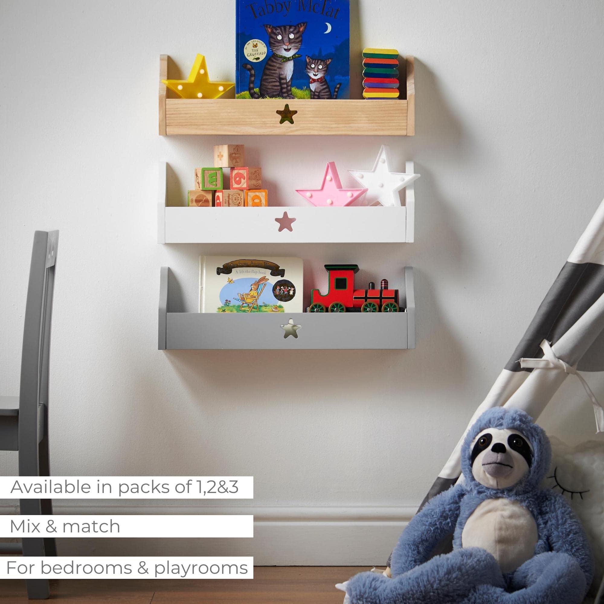 Haus Projekt Półka ścienna (3-pak sosnowych) dziecięca gwiazda pływający organizer na książki, dekoracja przedszkola, montowane na ścianie drewniane rozwiązanie do przechowywania, półki do pokoju