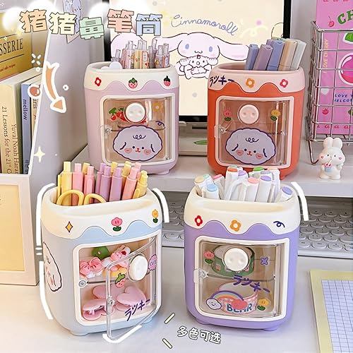 Miniatura 5 de El soporte para bolígrafos Kawaii de cerdo viene con bonitas calcomanías, estética, multifuncional, cubo de almacenamiento de escritorio (rosa)