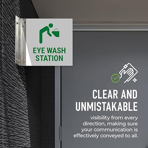 Miniatura 4 de Letrero de proyección de estación de lavado de ojos, doble cara, 6x6 pulgadas, ACM, con accesorio de níquel cepillado, fabricado en Estados Unidos