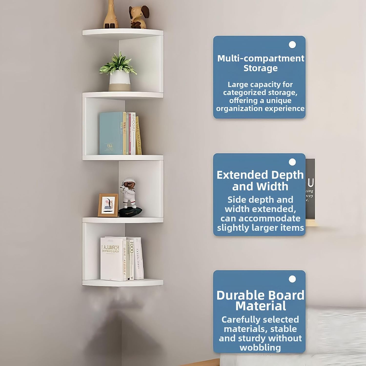 No-Drill Modern Corner Shelf Wall Mount, 5-Tier Floating Storage Rack, Corner Bookshelf with Hooks, Space-Saving Zigzag Plant Shelf for Bedroom, Living Room, Bathroom, Home Office(White)