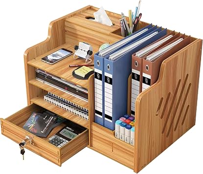 Bamboo Desk Organizer, Desktop Wood Bookshelf File Organizer, Pen Holder and Tissue Holder, 1 Drawer with lock for Office, Home, Need to Install(Cherry Wood)