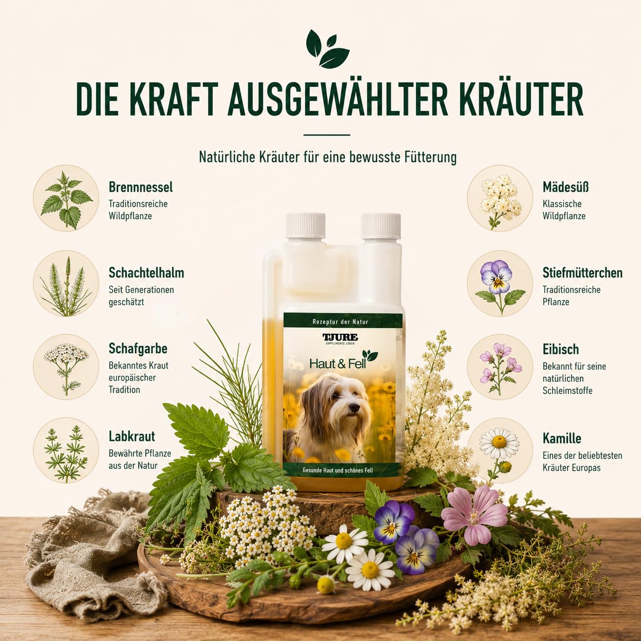 TJURE Haut & Fell Liquid Hund | 3 x 500 ml Sparset | Ergänzungsfuttermittel für Hunde mit pflanzlichen Kräuterextrakten | Unterstützt die Normale Hautfunktion & Fellbeschaffenheit | Ohne Zusätze
