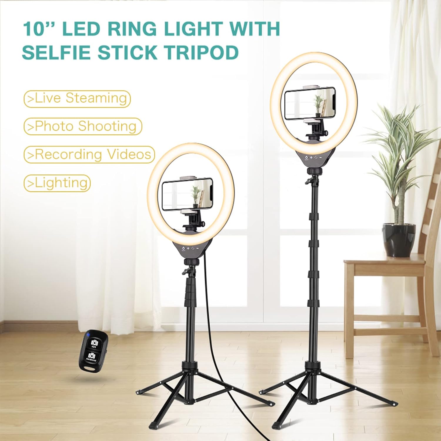 Two UBeesize 10-inch LED ring lights with selfie stick tripods in use