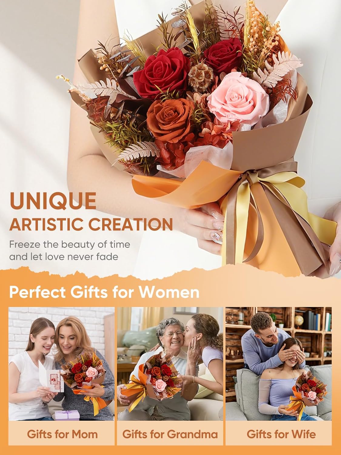 Flowers for Delivery Preserved Flower Bouquet Forever Fresh Flowers Birthday Gifts for Women Mom Grandma Real Eternal Roses Valentines Day Rose Gifts for Her Girlfriend Wife Anniversary Romantic Gift - Image 4