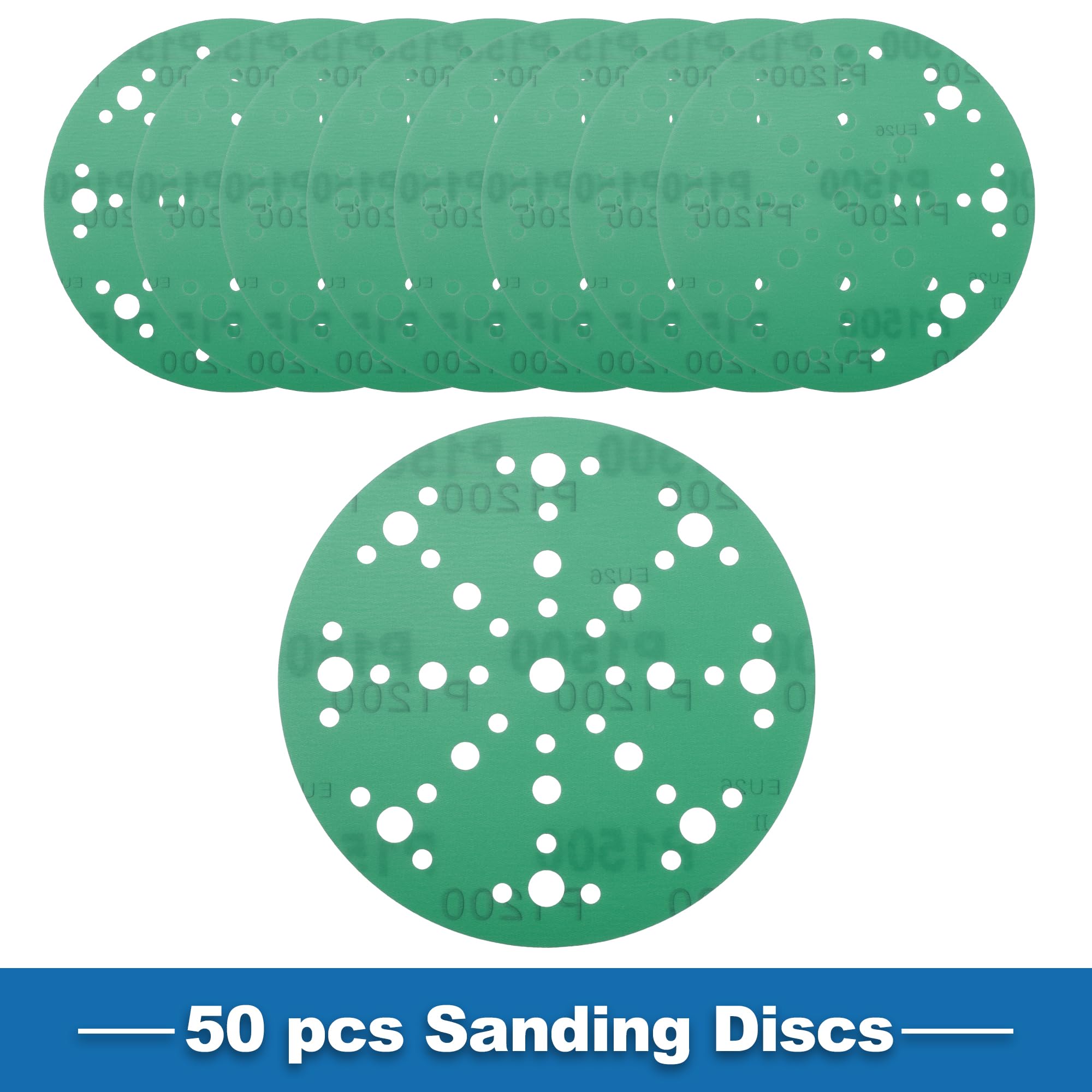 A ABSOPRO Sanding Discs 6 Inch 49 Hole 1500 Grit Round Hook and Loop Sandpaper Aluminum Oxide Green 50pcs - Image 3