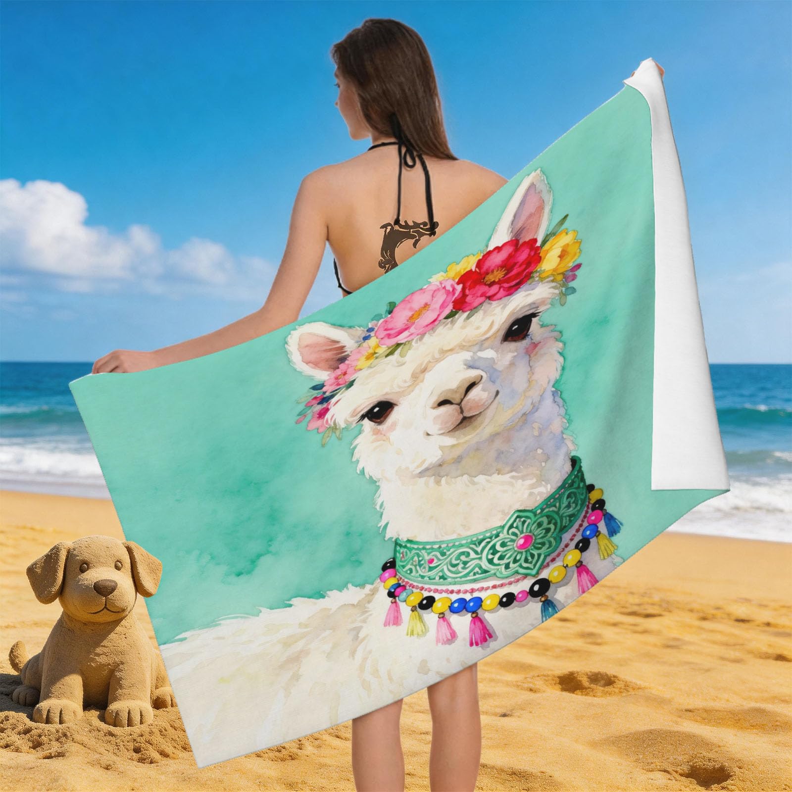 Leichong 3D Cute Alpaca Beach Towel Large Microfiber Soft Quick Dry for Adults, Cute Animals Bath Towel Lightweight Soft Absorbent for Travel Swimming Pool Sports, 80 x 160 cm