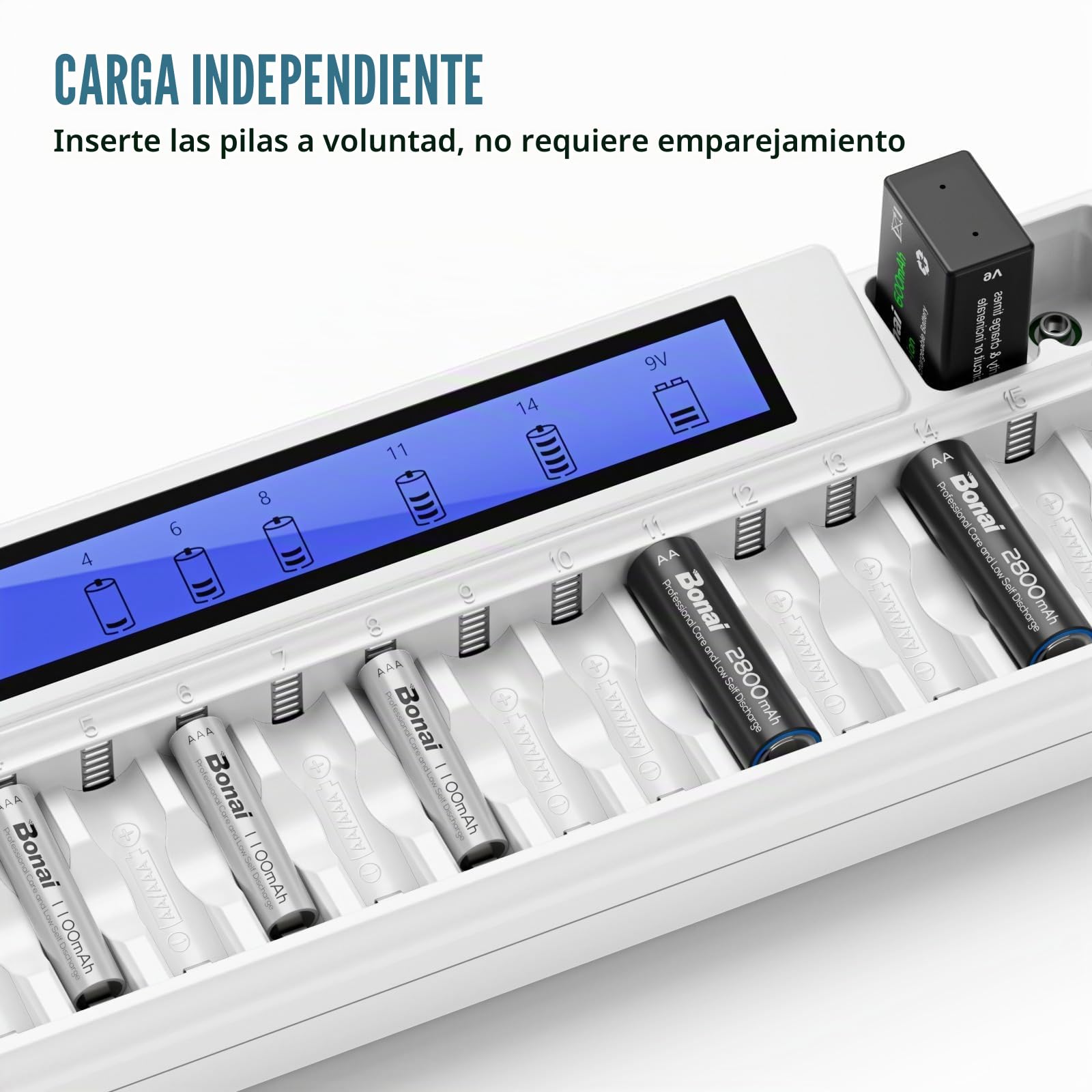 BONAI LCD 18 Ranuras Cargador de Pilas Universal para AA AAA Ni-MH y 9V Pilas Recargables con AC Adaptador