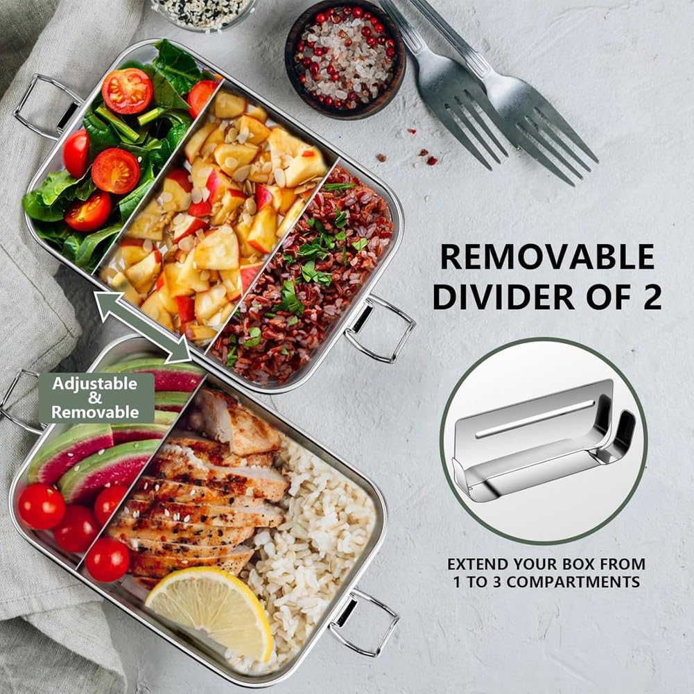 Boîte à bento en acier inoxydable pour adolescents, boîte à bento en métal avec 2 compartiments flexibles, 1400 ml