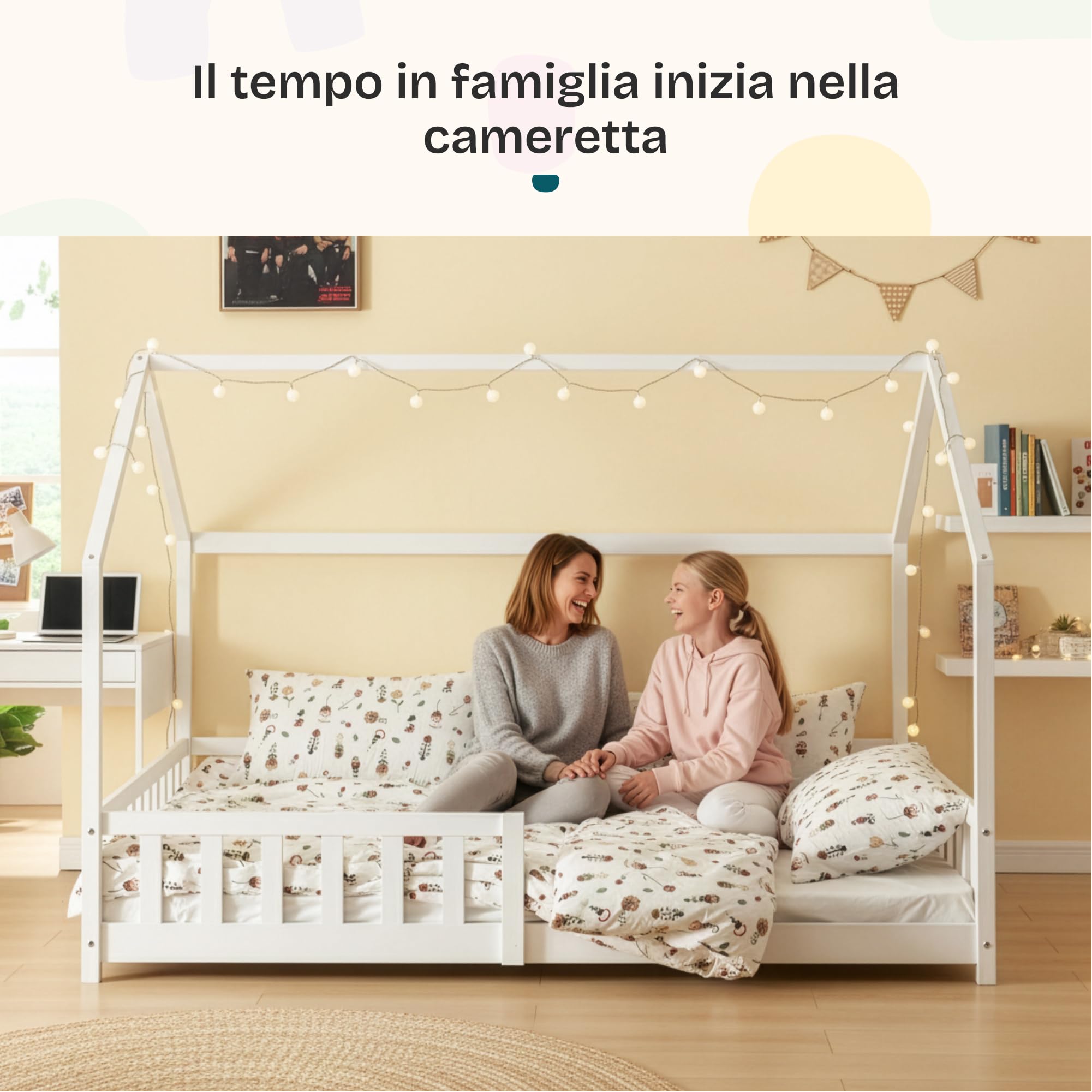 [en.casa] Letto per Cameretta Lettino a Forma di Casetta con Sbarre Letto Piazza e Mezza per Bambini Struttura in Legno di Pino 120 x 200 cm Bianco