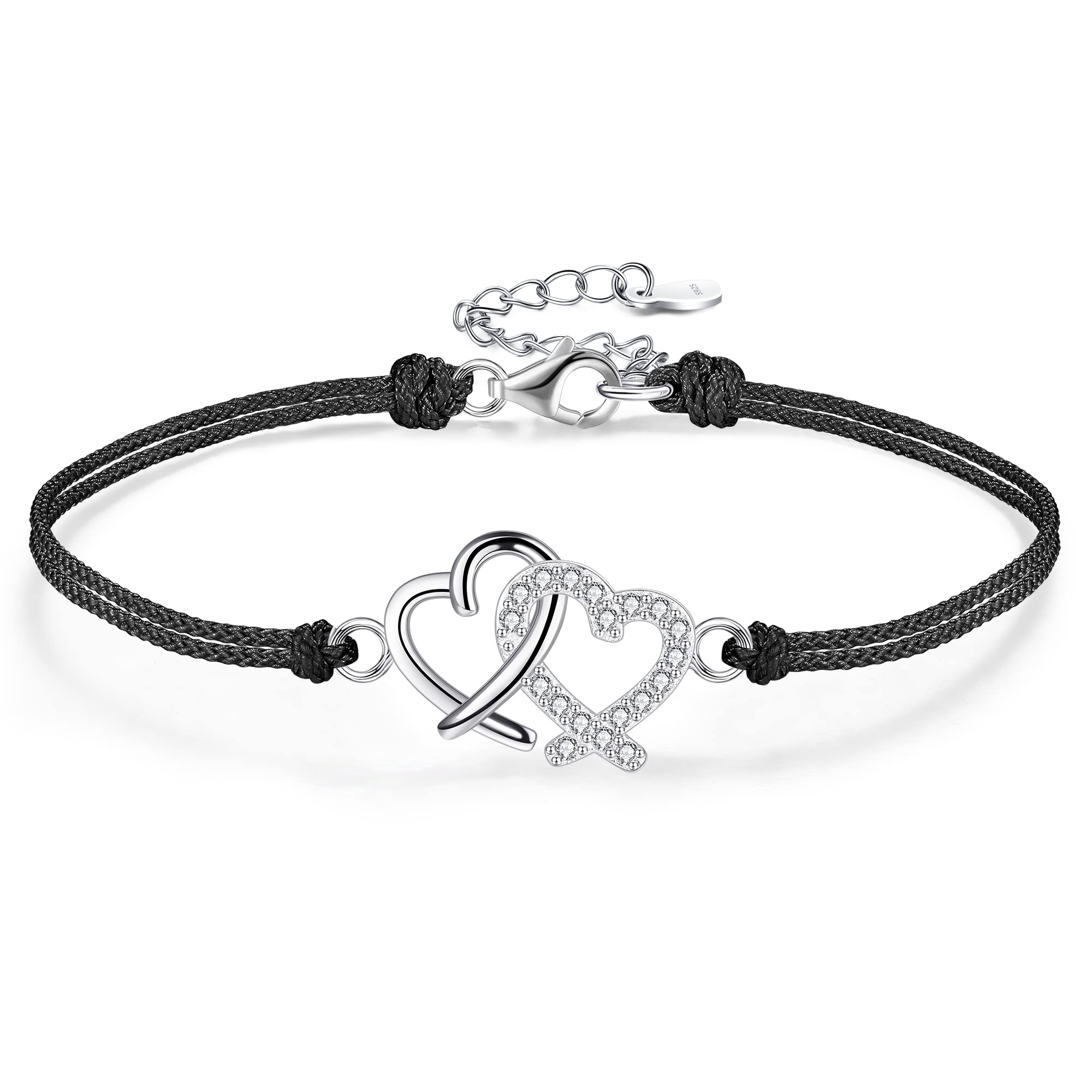 F.ZENIBracelet for Women 925 Sterling Silver Love Heart Bracelets Friendship Handmade Braided Adjustable Cord Bracelet for Girls Women