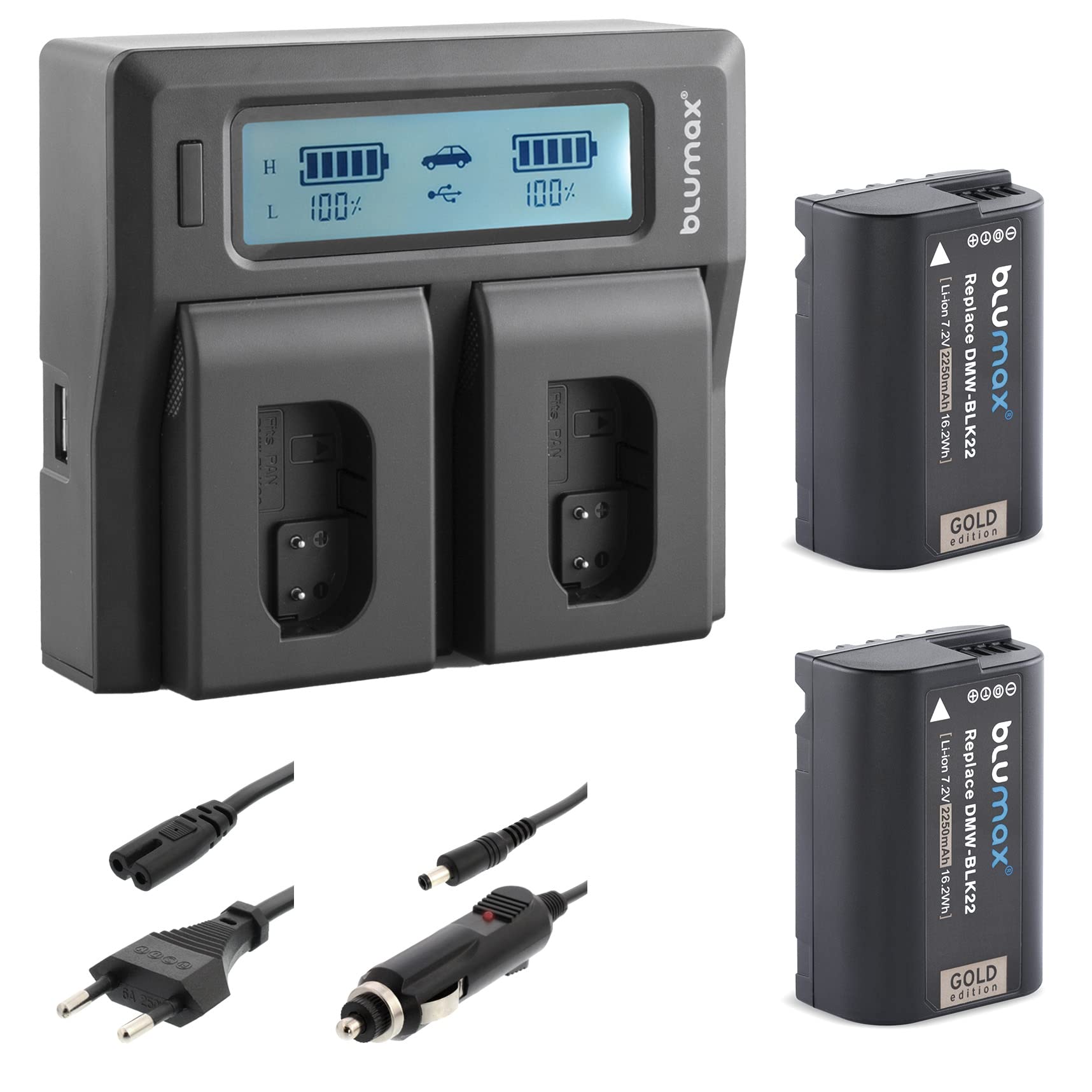 2X Blumax Akku ersetzt Panasonic DMW-BLK22 / DMW-BLK22E 2250mAh + LCD Doppel-Ladegerät | komaptibel mit Panasonic Lumix DC S5 S5K G9 GH5 GH5 II GH5S GH6